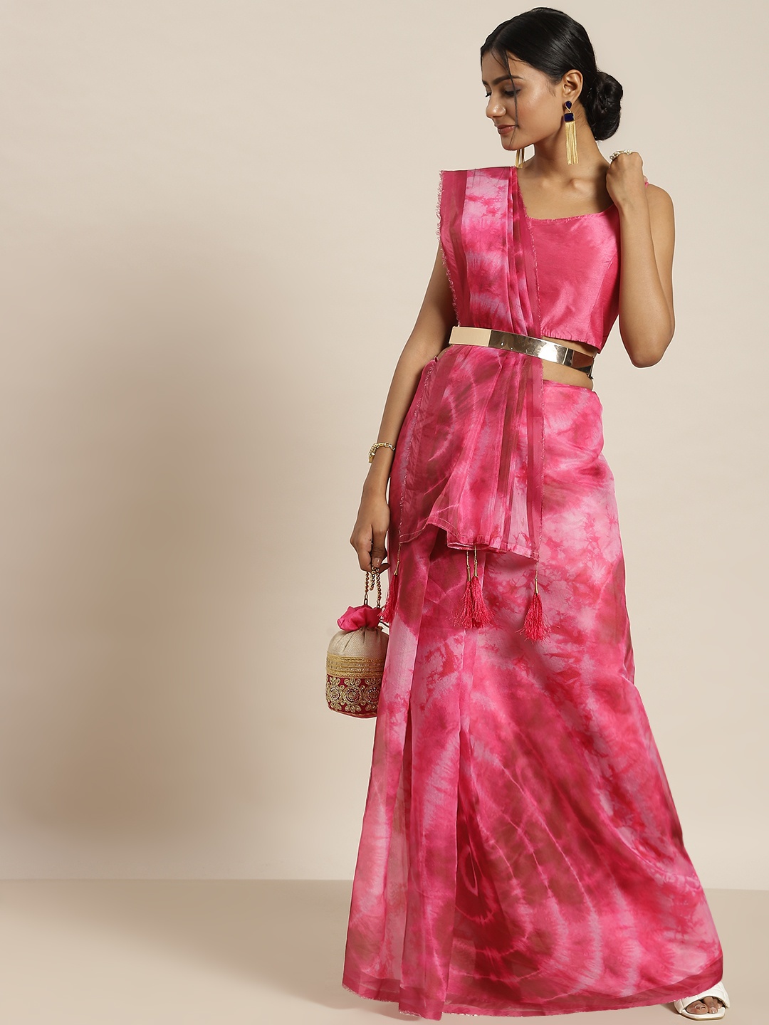 

Sangria Pink & White Tie and Dye Organza Saree