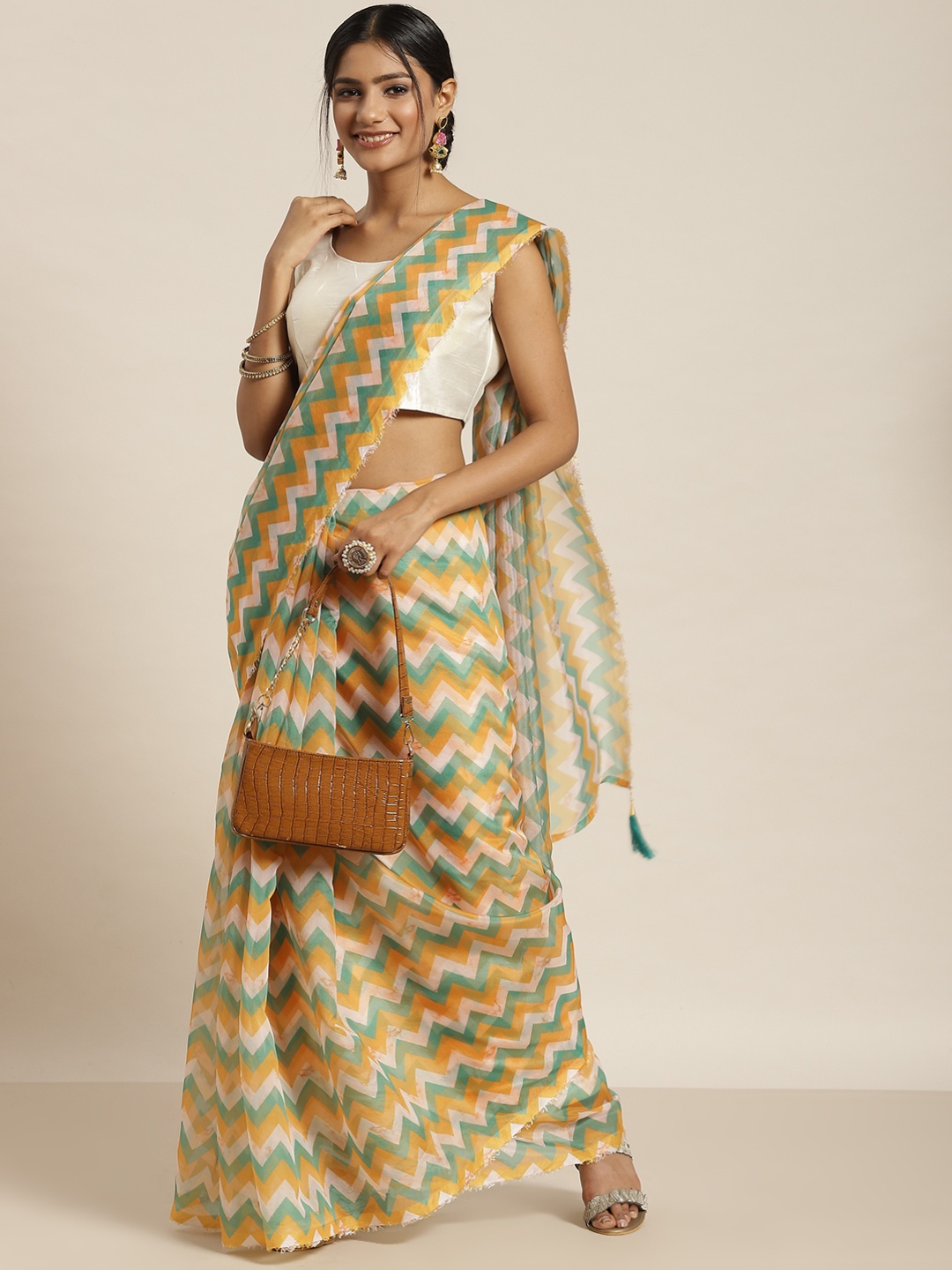 

Sangria Green & Mustard Yellow Geometric Print Organza Saree