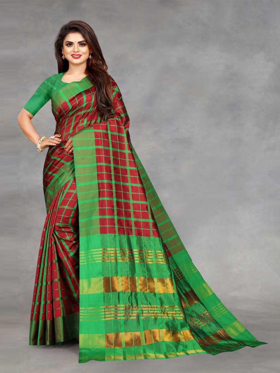 

Florence Red & Green Checked Silk Blend Saree