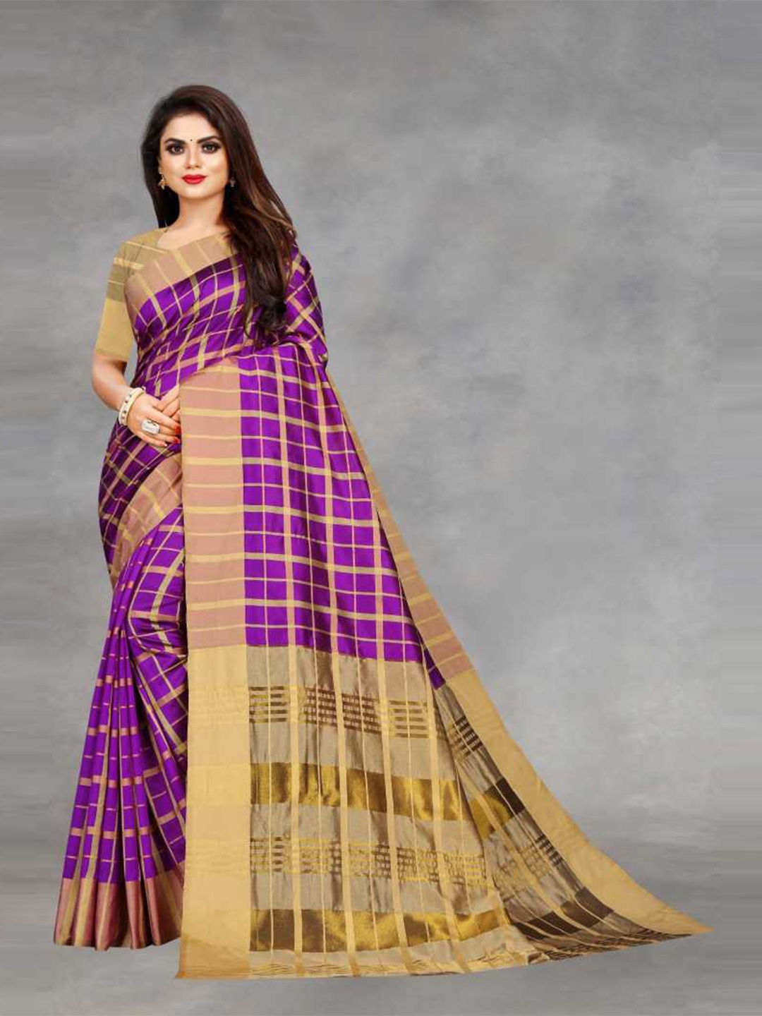 

Florence Cream-Coloured & Yellow Checked Silk Blend Saree