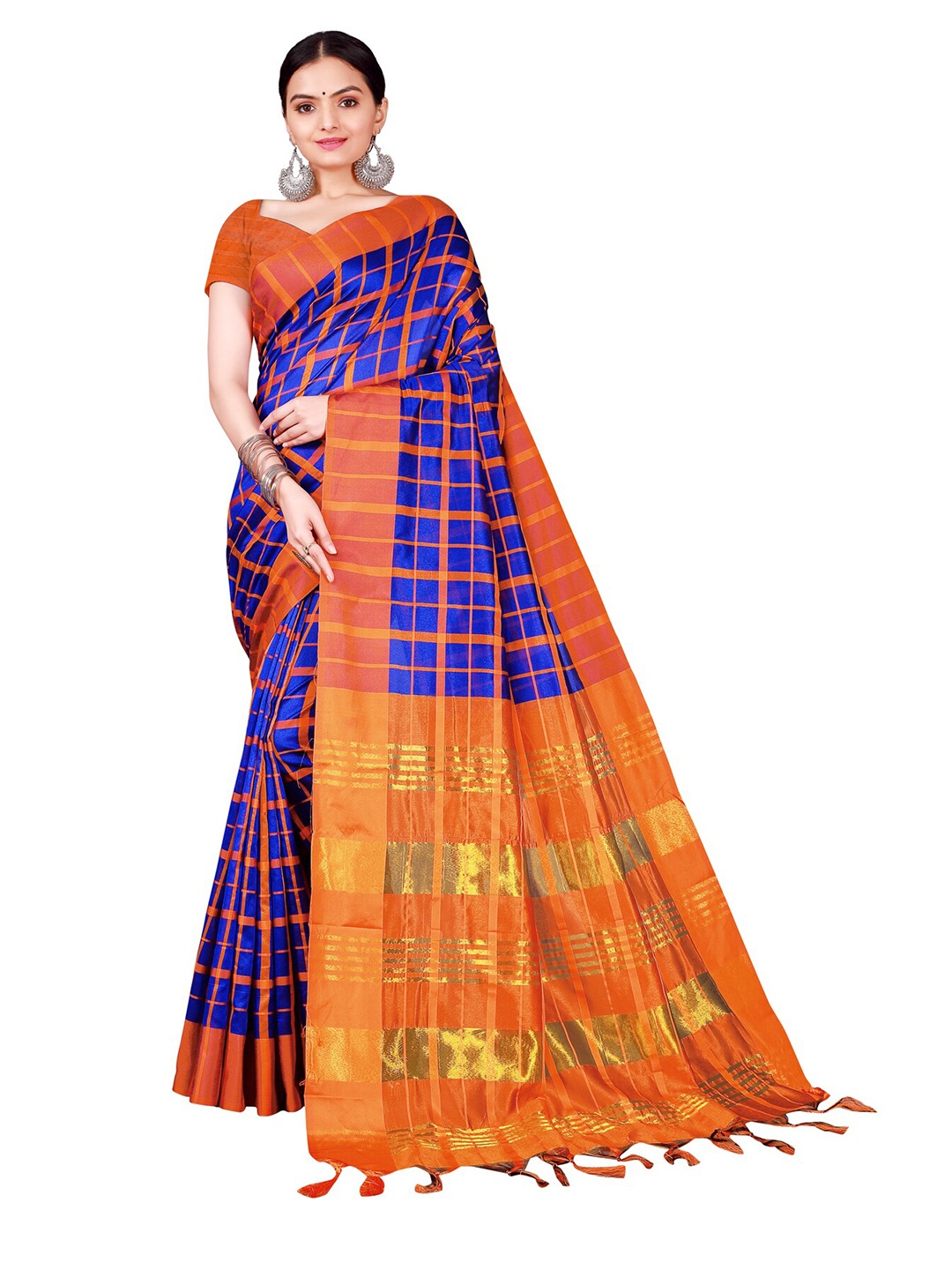 

Florence Navy Blue & Orange Checked Silk Blend Saree
