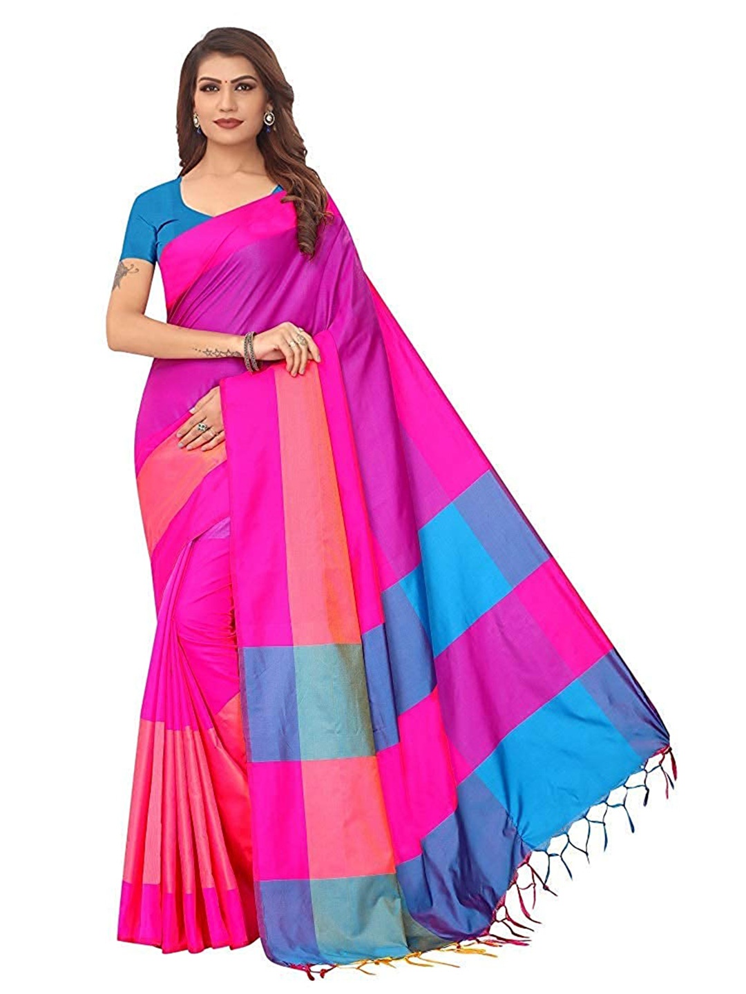

Florence Pink & Blue Colourblocked Silk Blend Saree