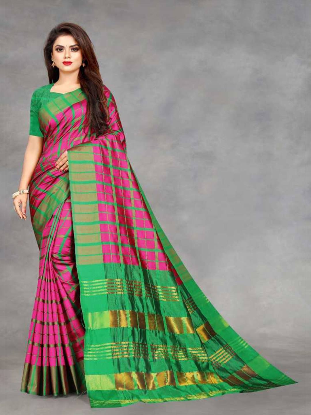 

Florence Pink & Green Checked Silk Blend Saree