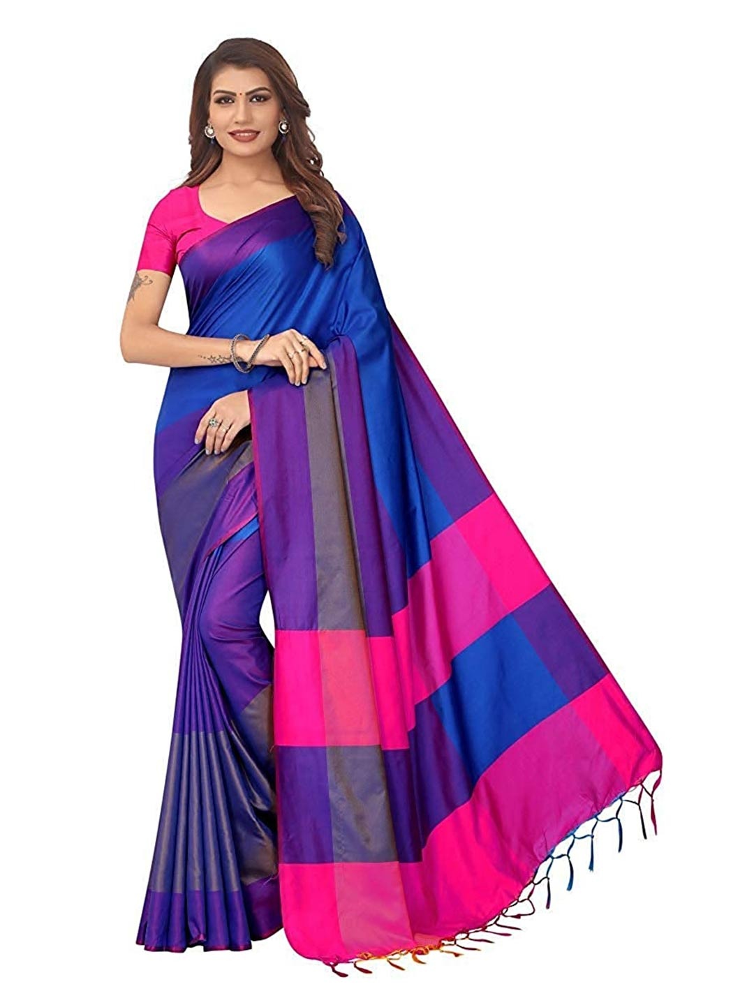 

Florence Navy Blue & Pink Colourblocked Silk Blend Saree