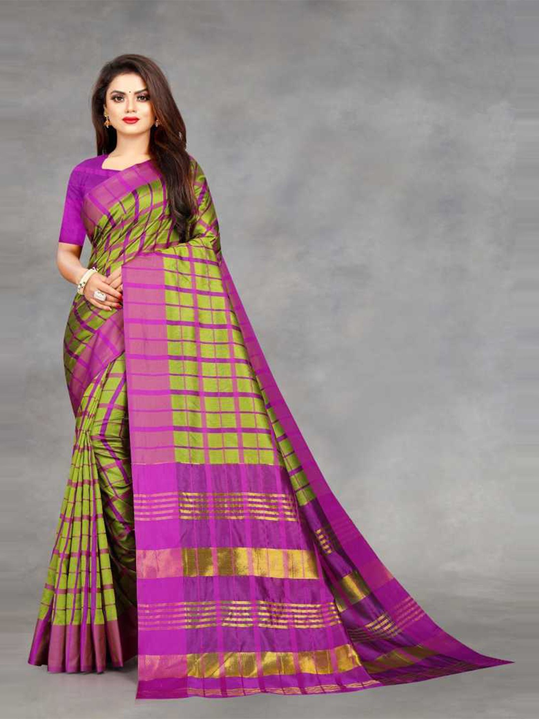 

Florence Lime Green & Magenta Checked Silk Blend Saree