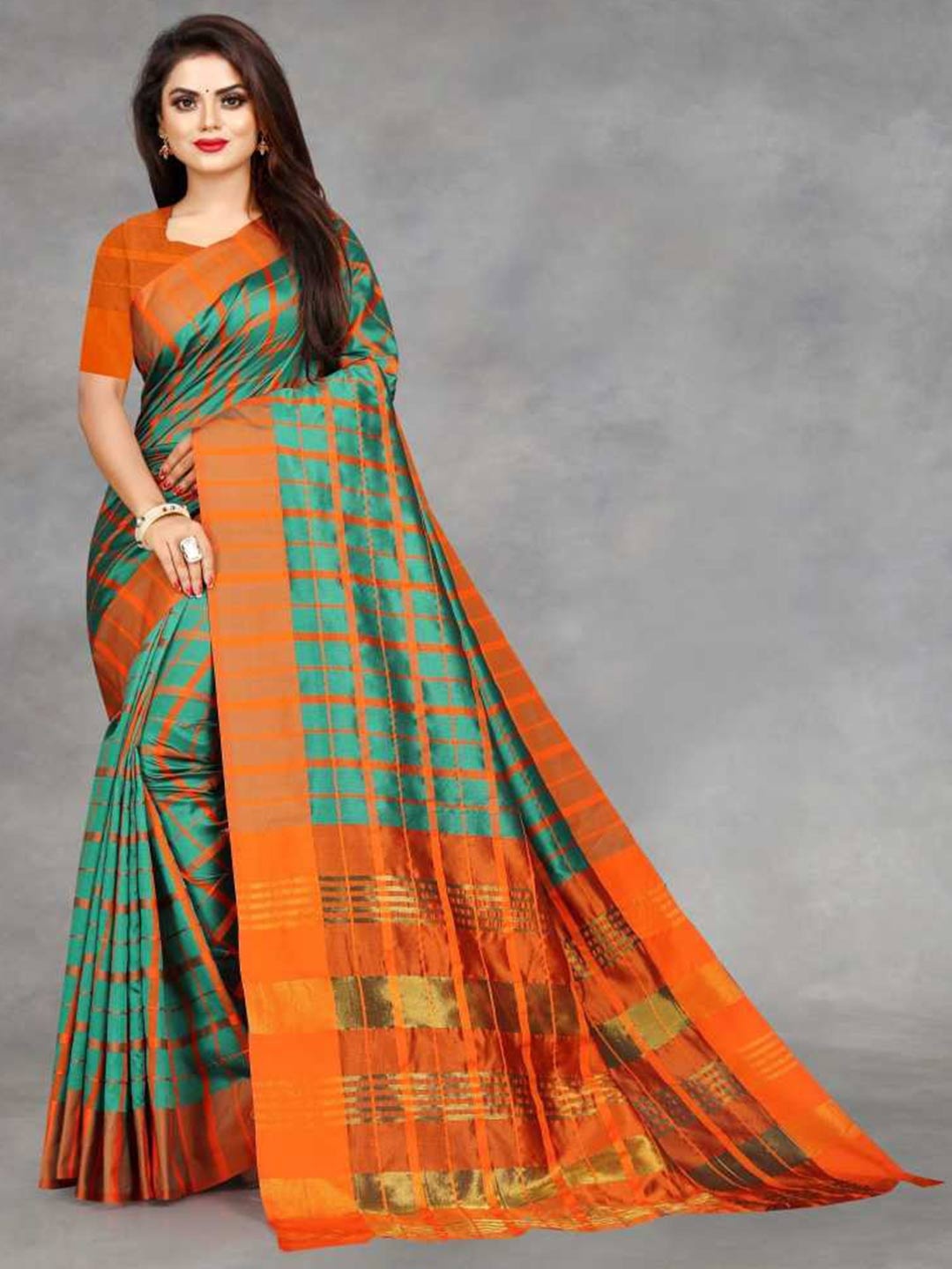 

Florence Orange & Green Checked Silk Blend Saree