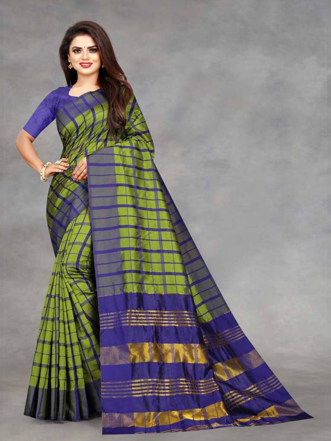 

Florence Green & Blue Checked Zari Silk Blend Saree