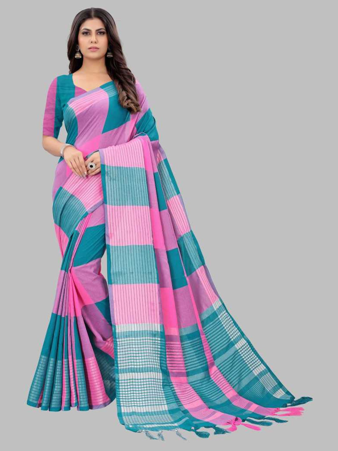 

Florence Blue & Pink Checked Silk Blend Saree