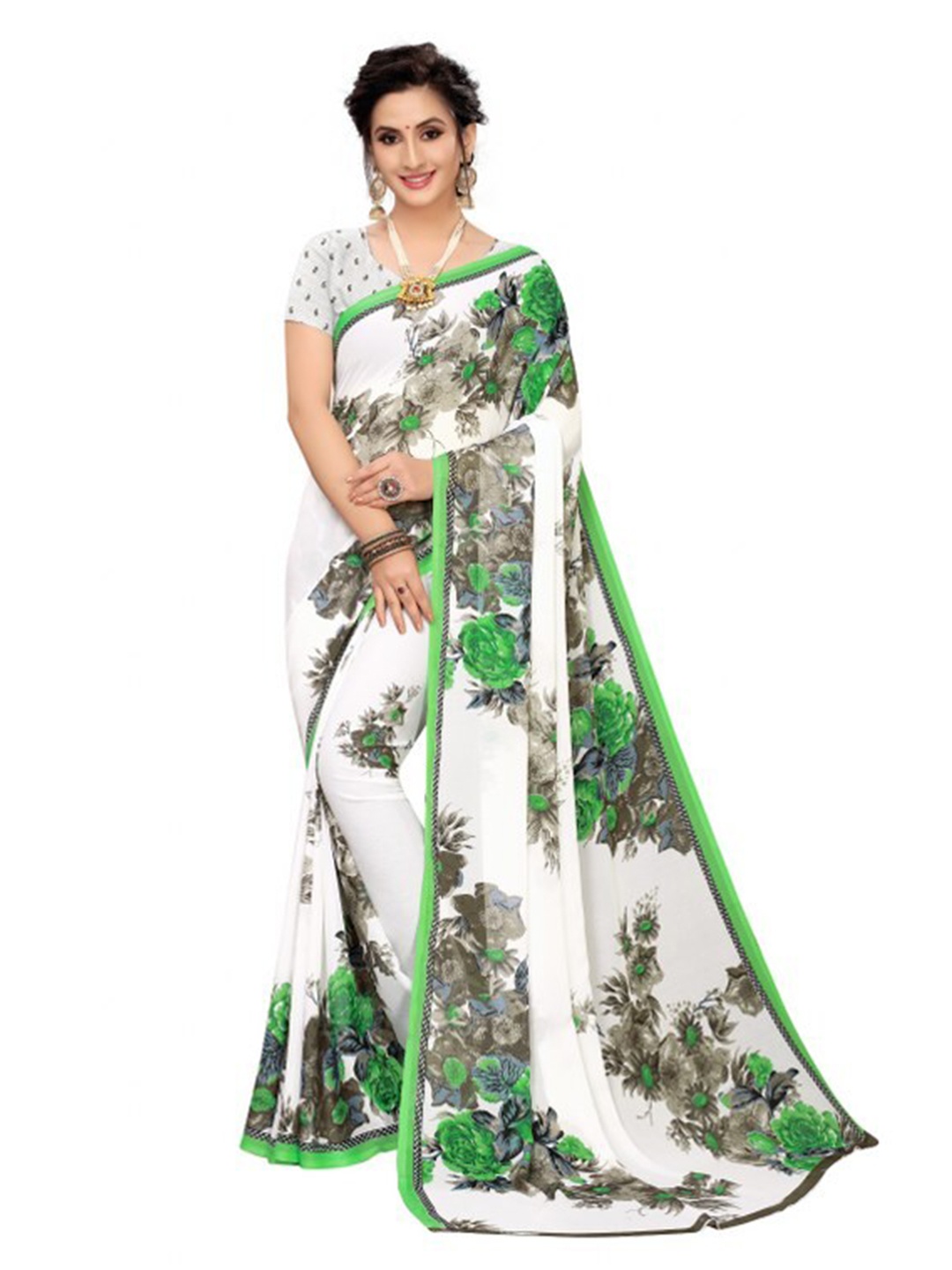 Florence Green & White Floral Pure Georgette Saree