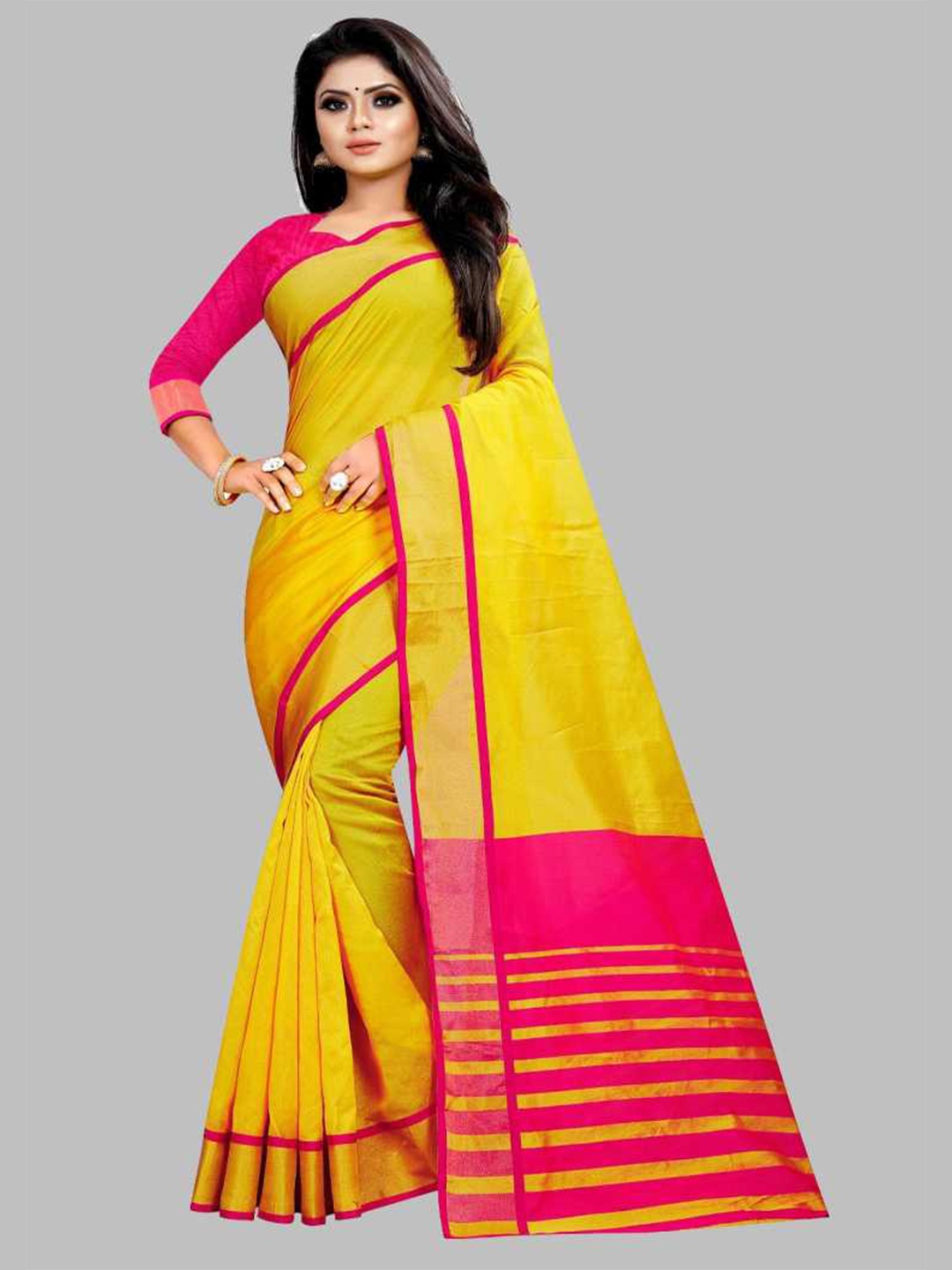 

Florence Yellow & Pink Striped Silk Blend Saree