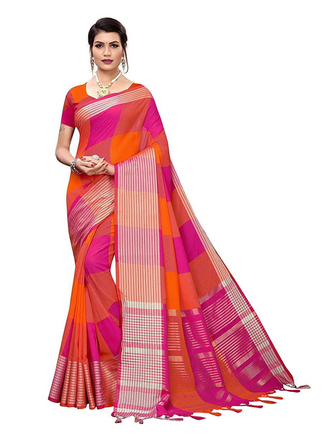 

Florence Orange & Fuchsia Checked Silk Blend Saree