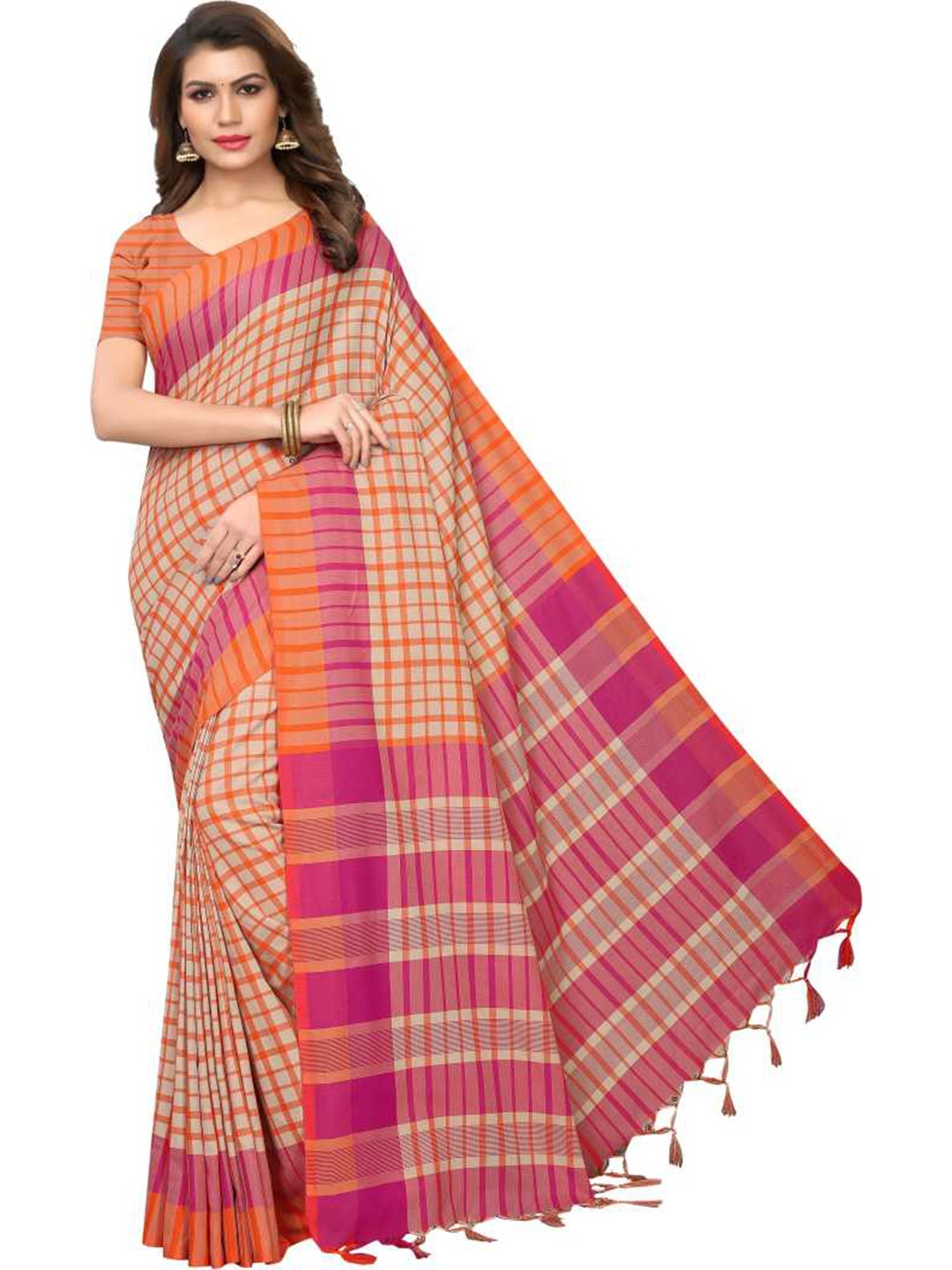 

Florence Orange & Pink Checked Silk Blend Saree