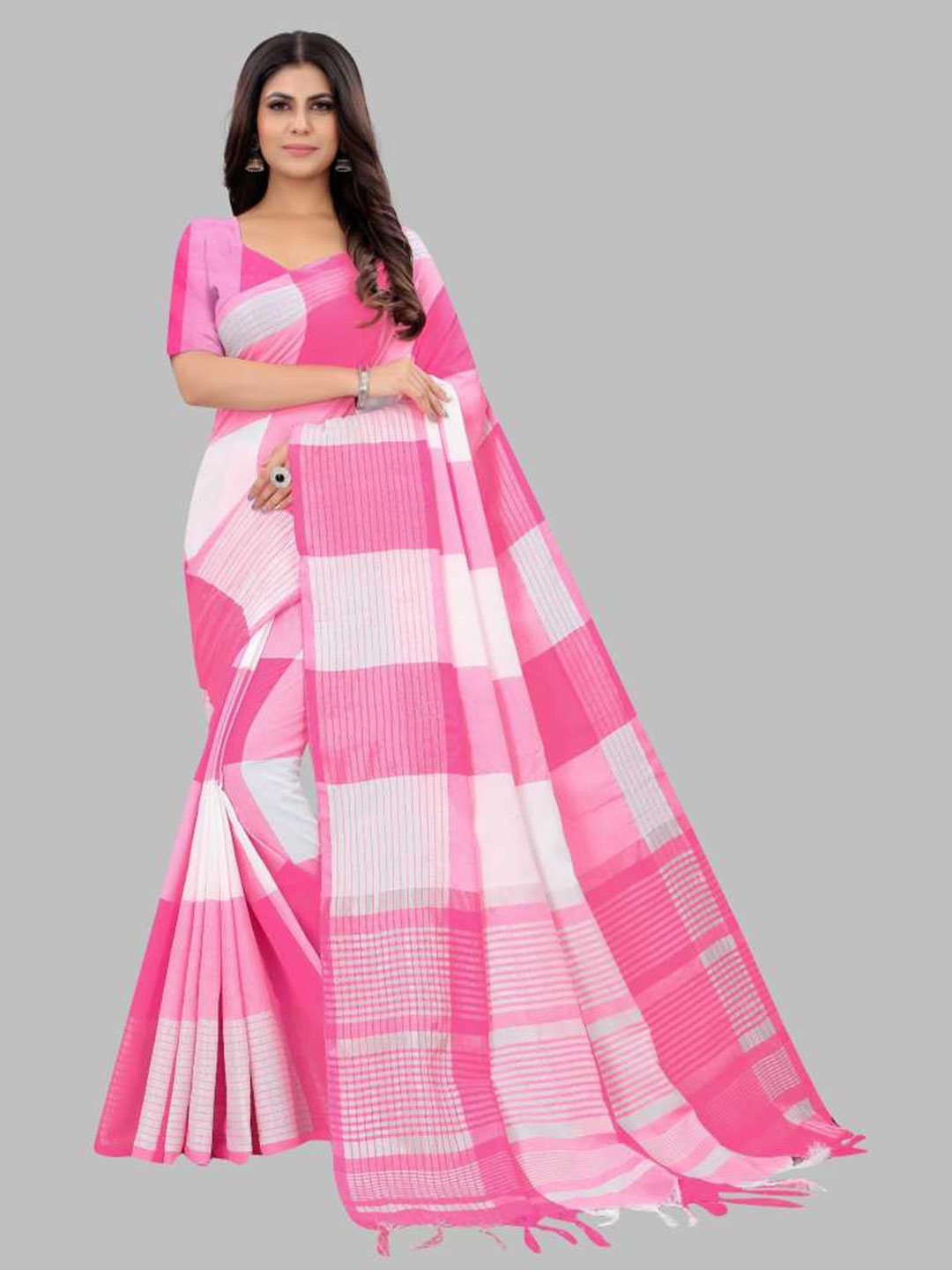 

Florence Pink & White Checked Silk Blend Saree