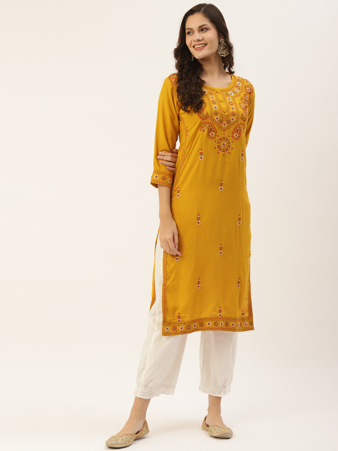 

INDYES Women Yellow Ethnic Motifs Embroidered Thread Work Kurta