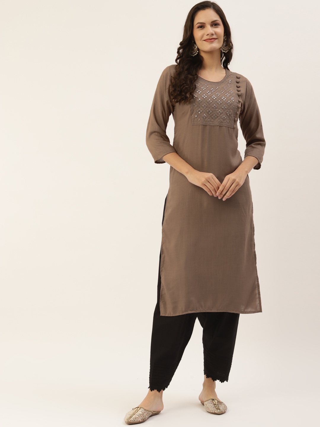 

INDYES Women Brown Yoke Design Mirror Work Kurta
