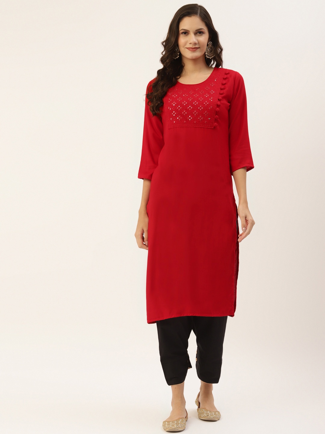 

INDYES Women Red Yoke Design Mirror Work Kurta