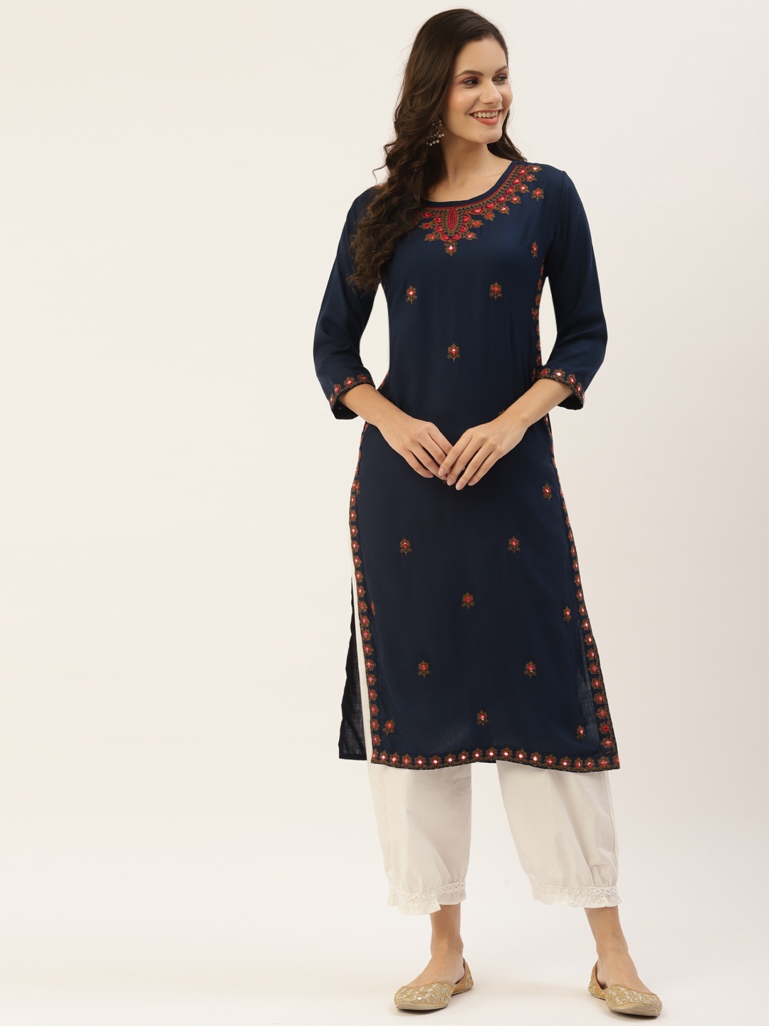 

INDYES Women Navy Blue Ethnic Motifs Embroidered Kurta