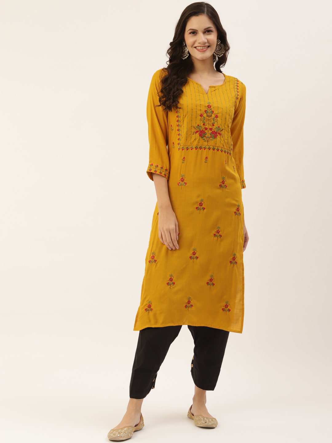 

INDYES Women Yellow Ethnic Motifs Embroidered Kurta