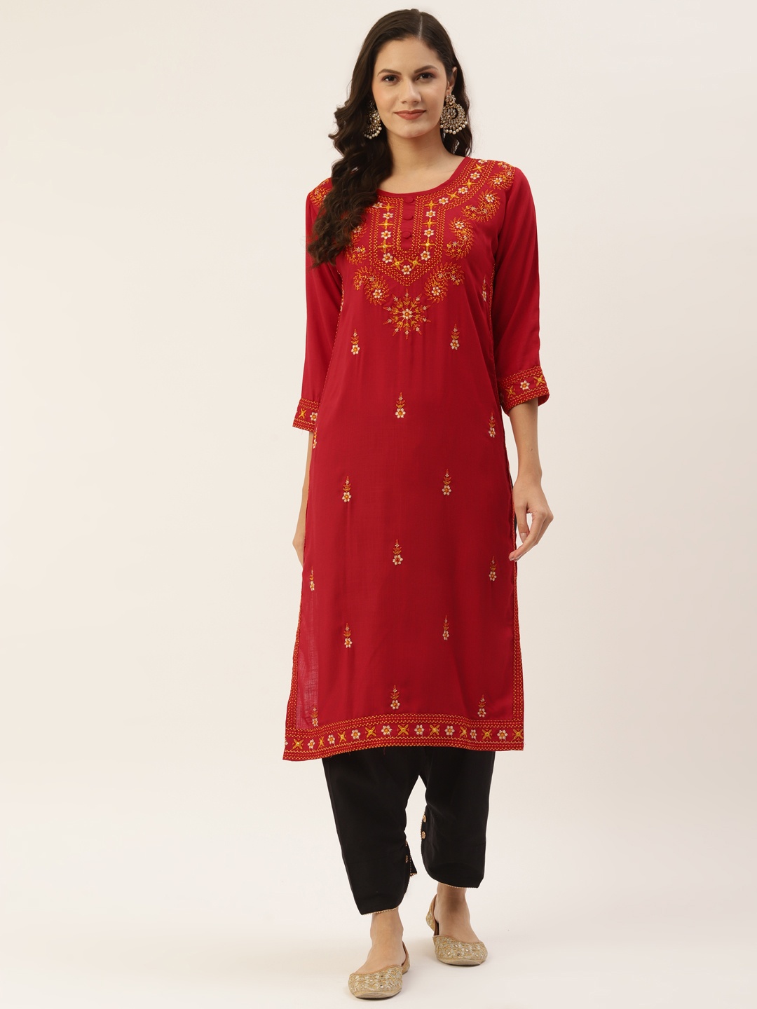 

INDYES Women Red Ethnic Motifs Embroidered Kurta