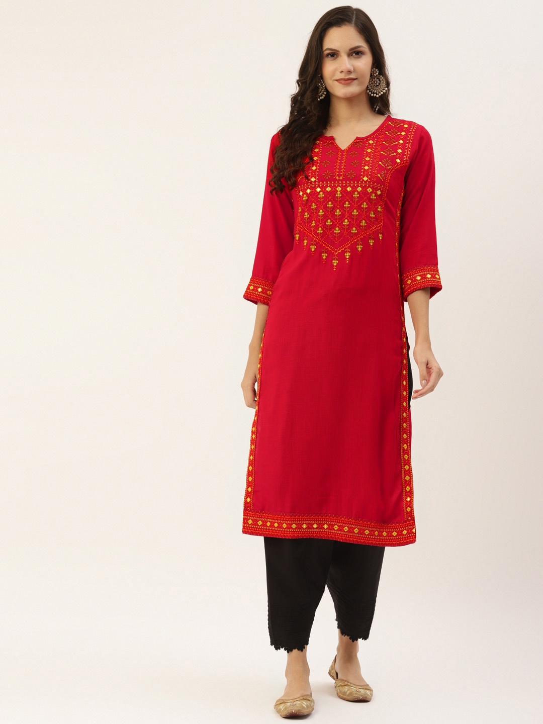 

INDYES Women Red Ethnic Motifs Yoke Design Mirror Work Kurta