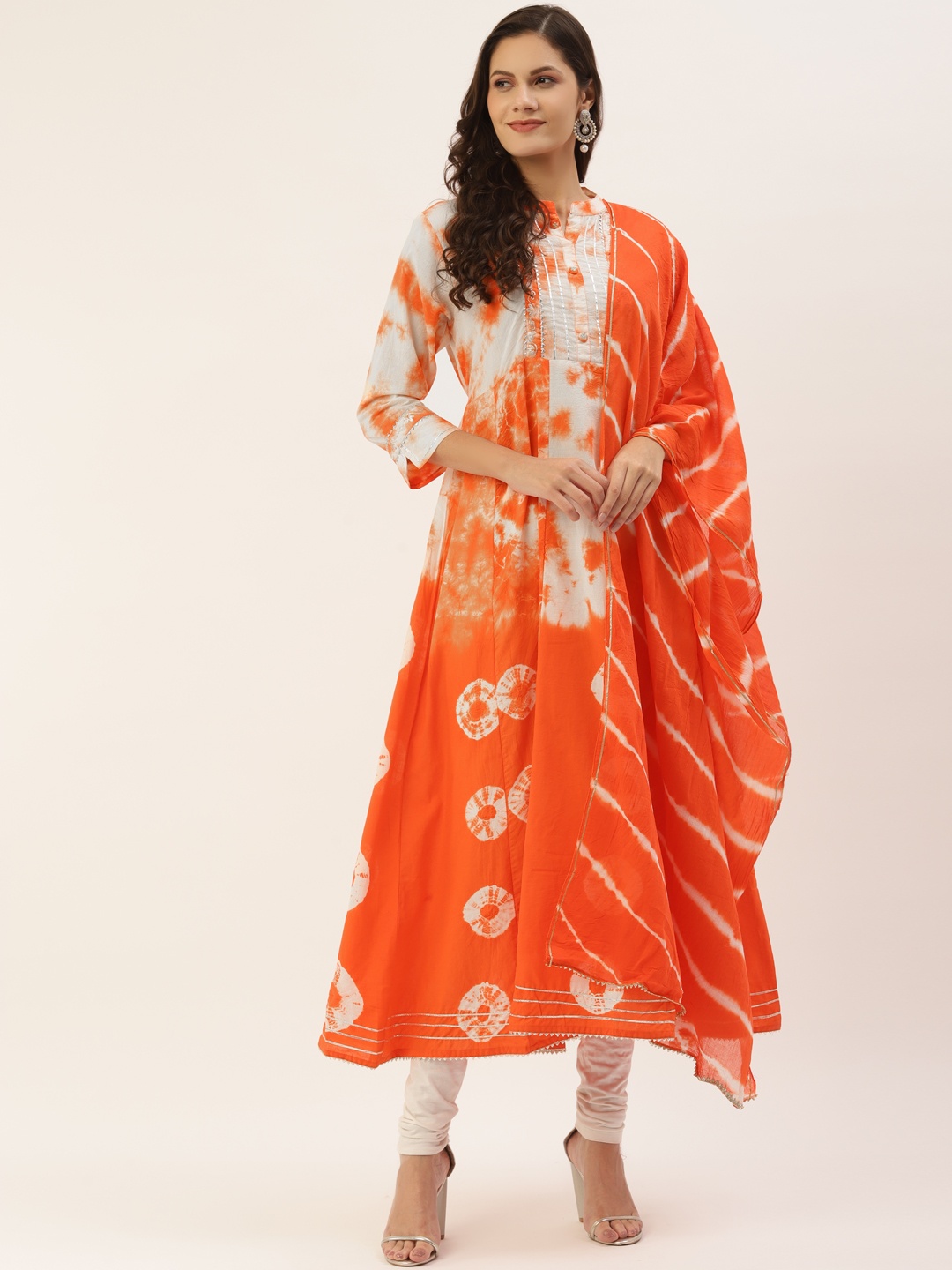 

INDYES Women Orange & White Dyed Kurta with Dupatta