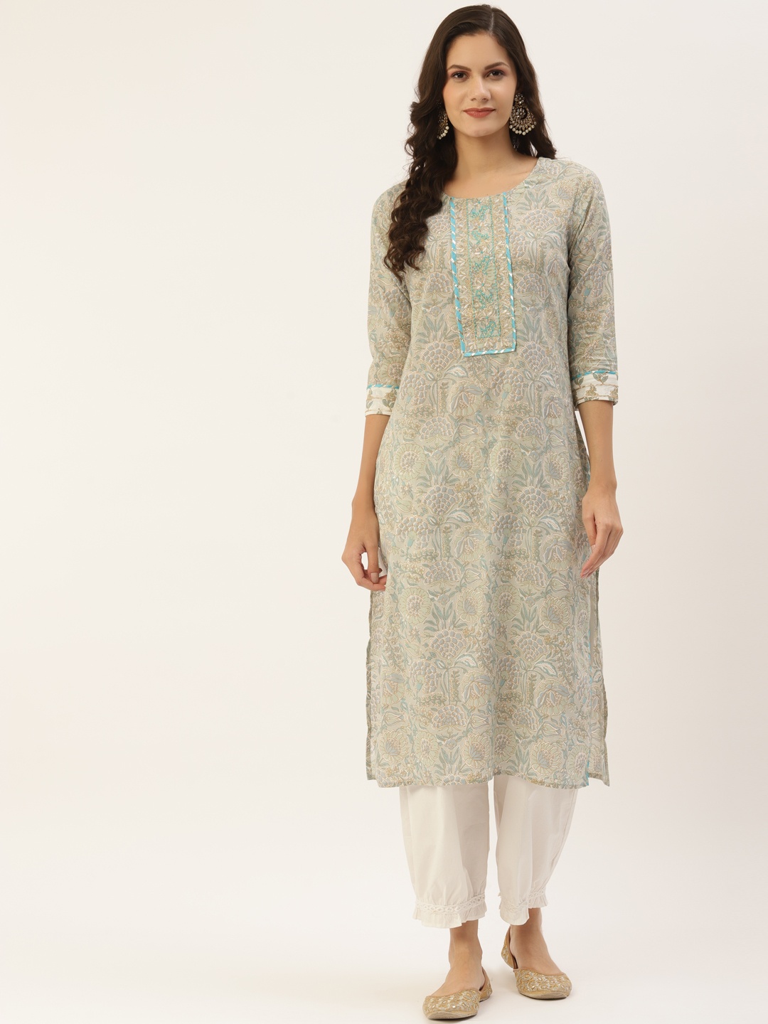 

INDYES Women Grey & Blue Floral Printed Kurta