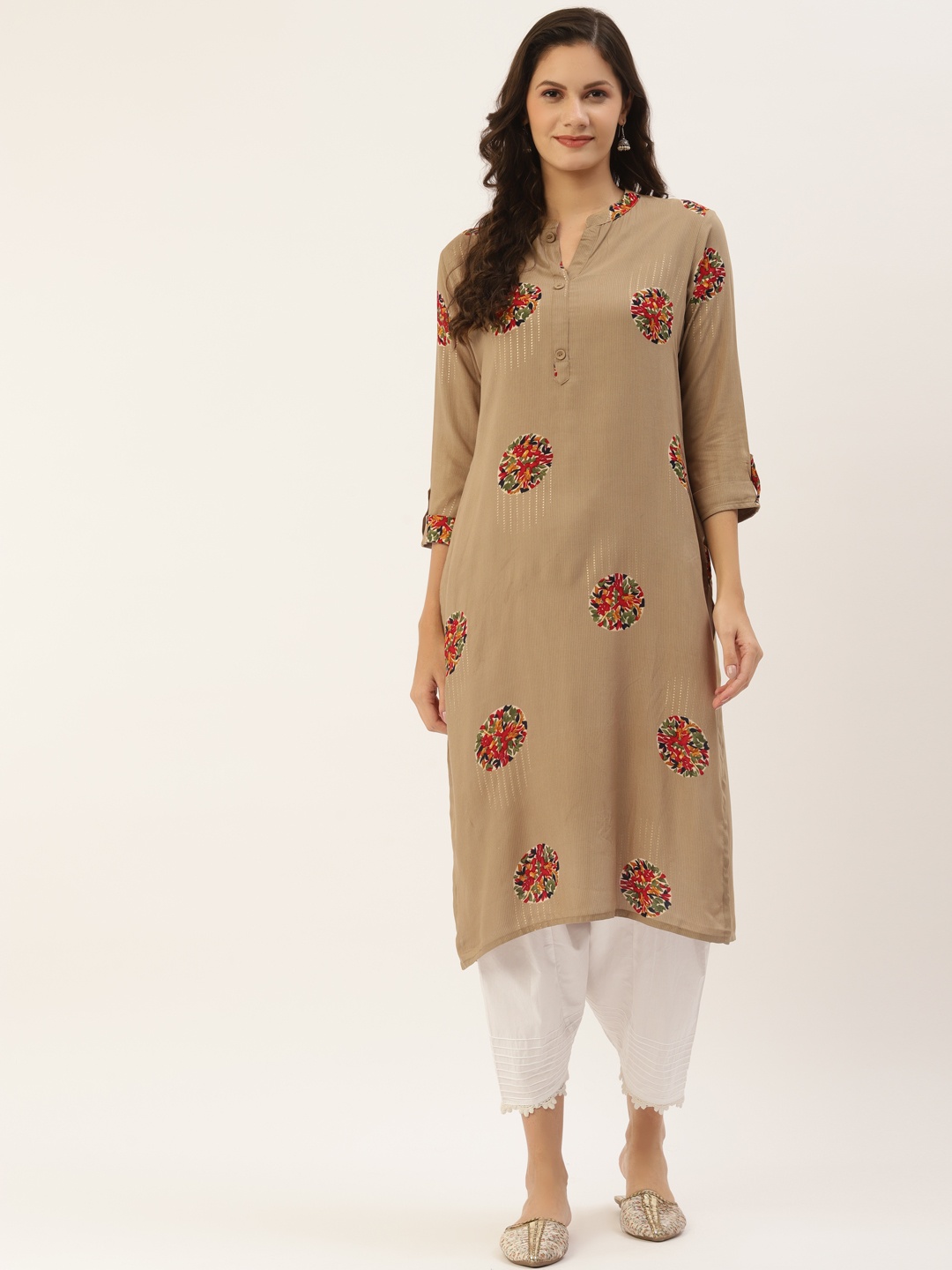 

INDYES Women Beige Ethnic Motifs Printed Kurta