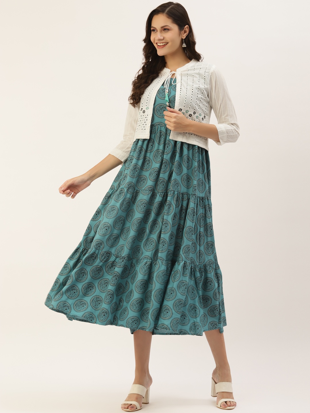 

INDYES Teal Ethnic Motifs A-Line Midi Dress with Jacket