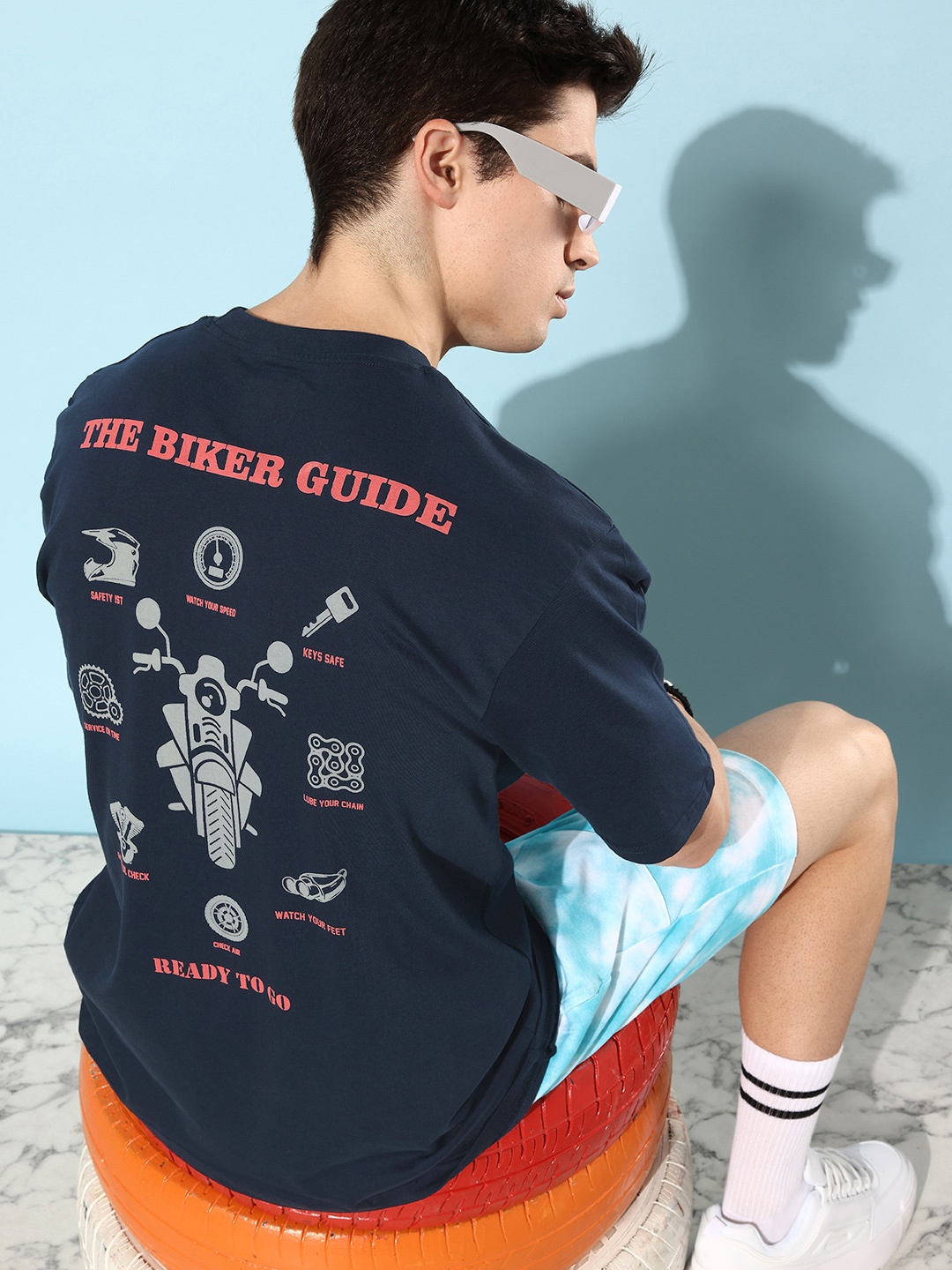 

Difference of Opinion Men Navy Blue & Grey Biker Printed Pure Cotton Loose T-shirt