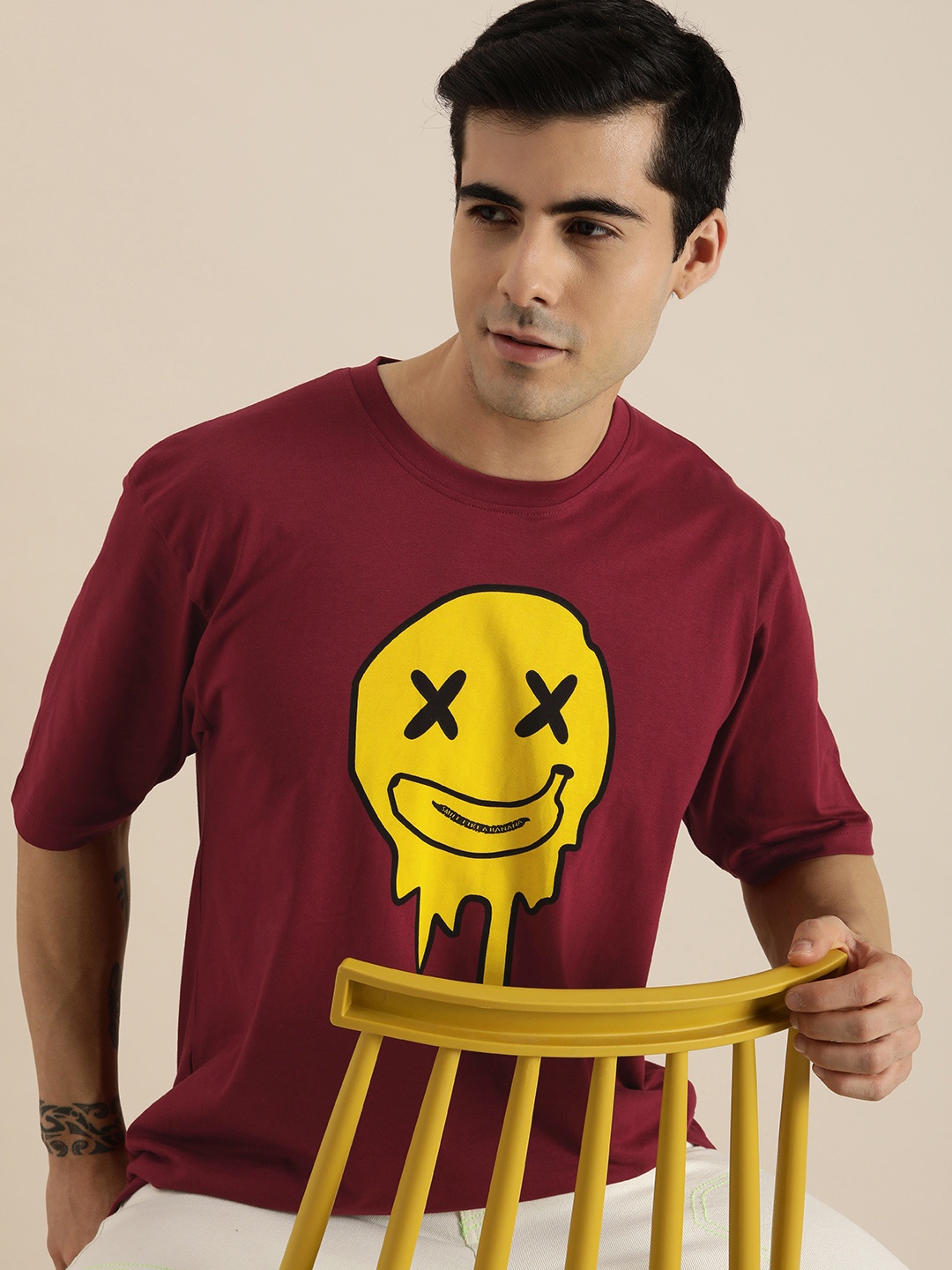 

Difference of Opinion Men Maroon & Yellow Printed Pure Cotton Oversized T-shirt