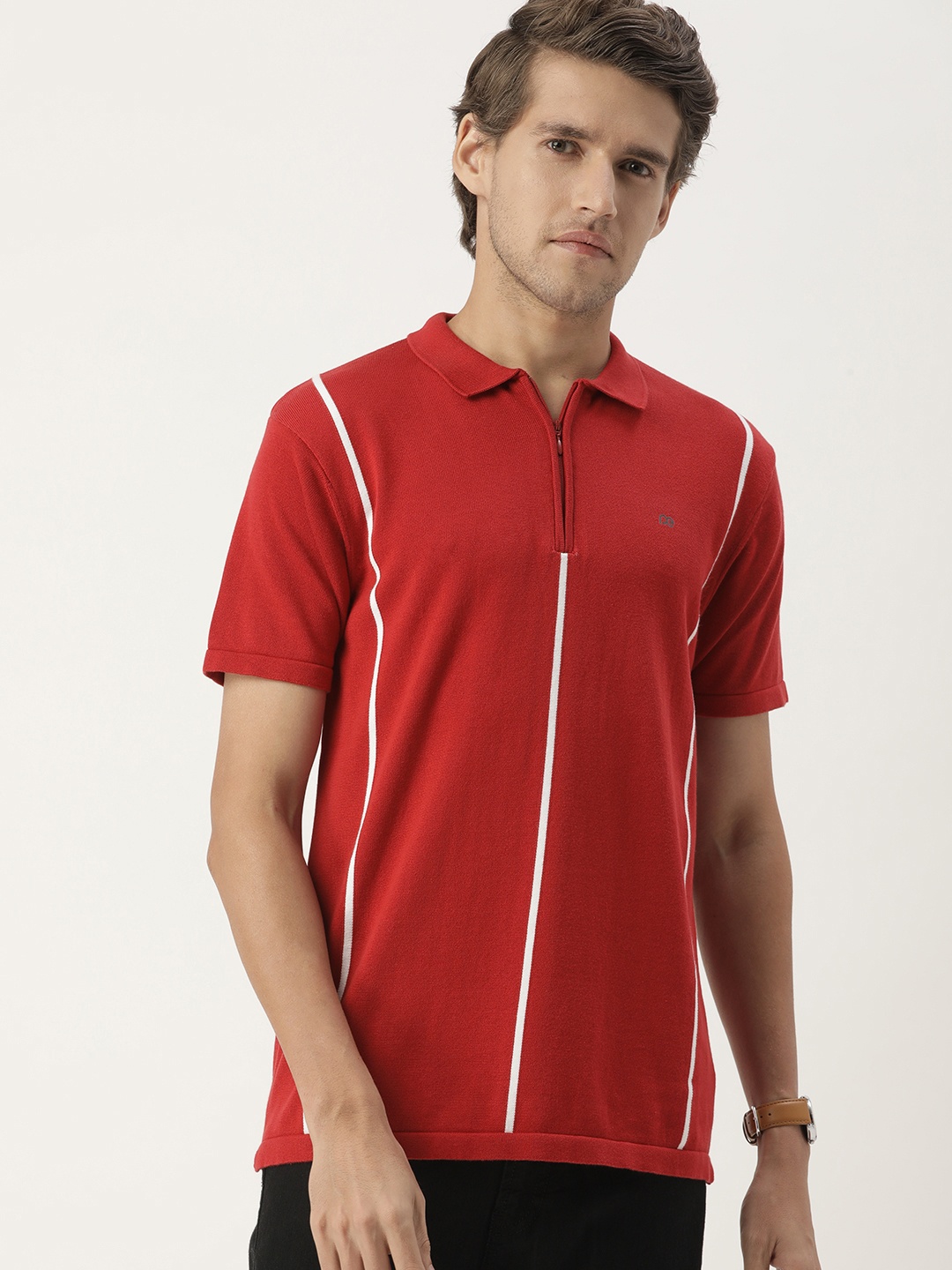 

Peter England Men Red And White Striped Polo Collar Pure Cotton T-shirt