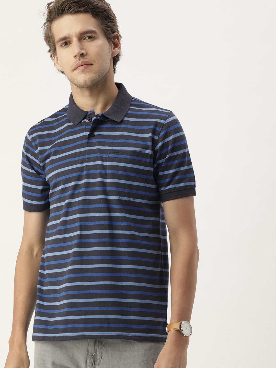 

Peter England Men Black & Blue Striped Polo Collar Pure Cotton T-shirt