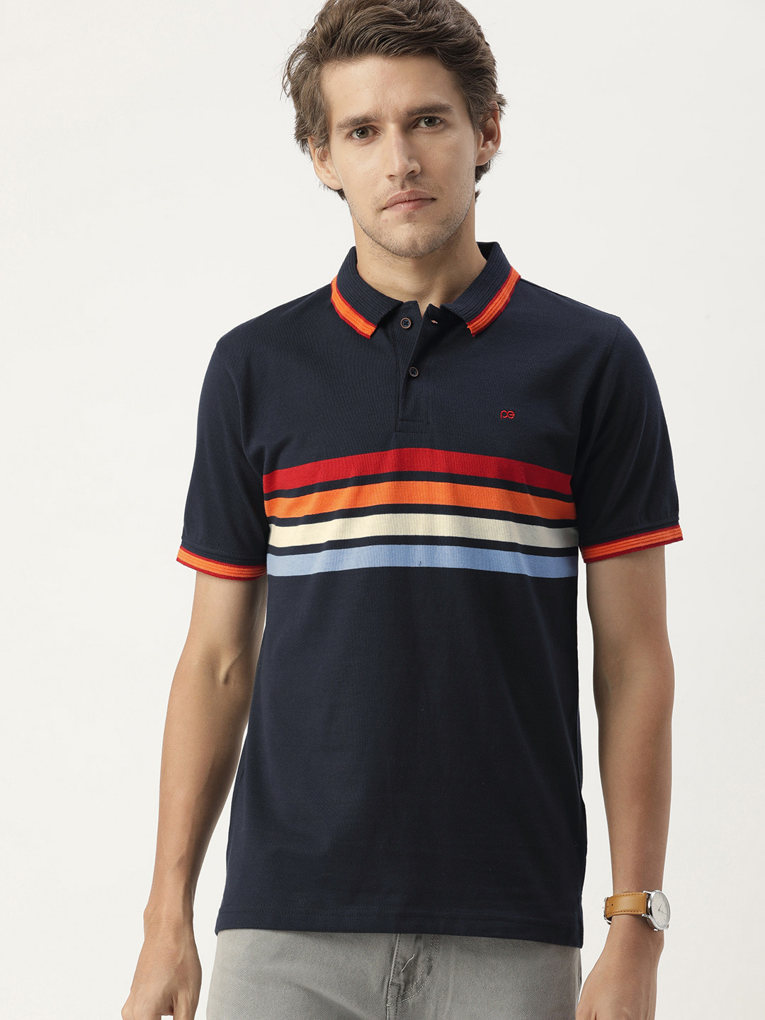 

Peter England Men Navy Blue Stripe Printed Polo Collar Pure Cotton T-shirt