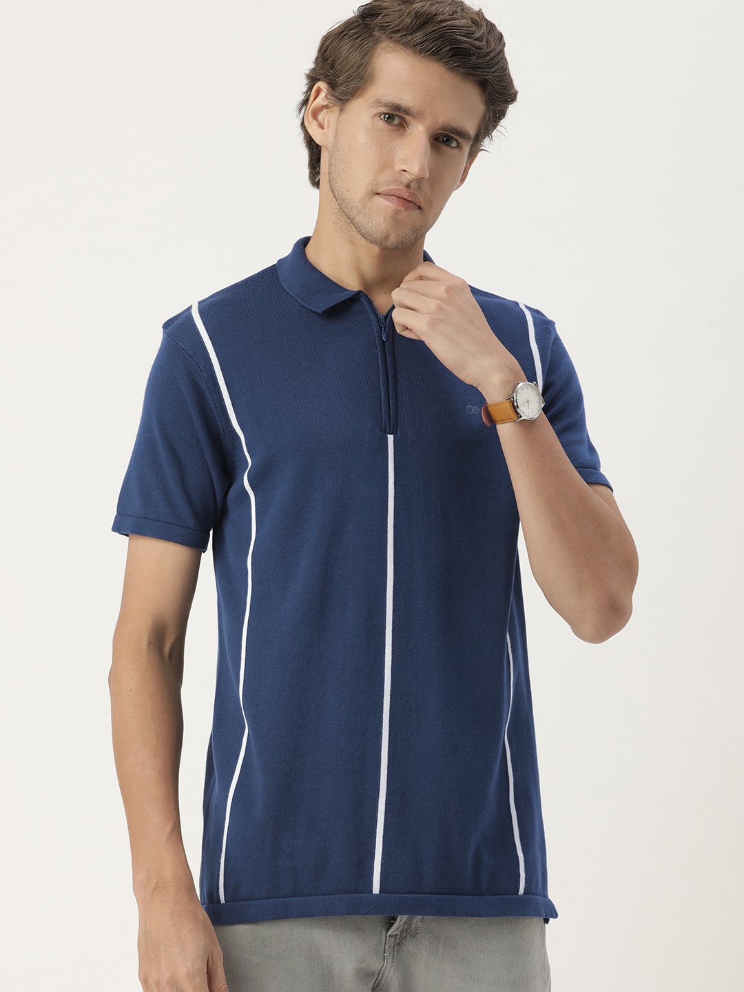 

Peter England Men Navy Blue & White Striped Polo Collar Pure Cotton T-shirt