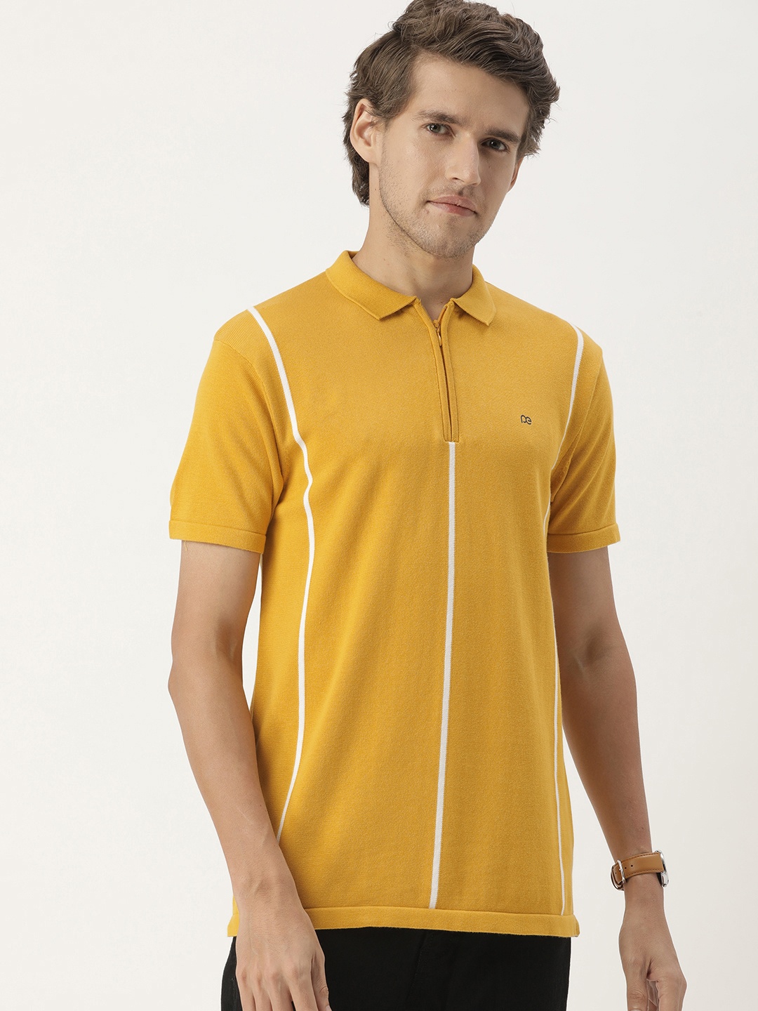 

Peter England Men Mustard Yellow & White Striped Polo Collar Pure Cotton T-shirt