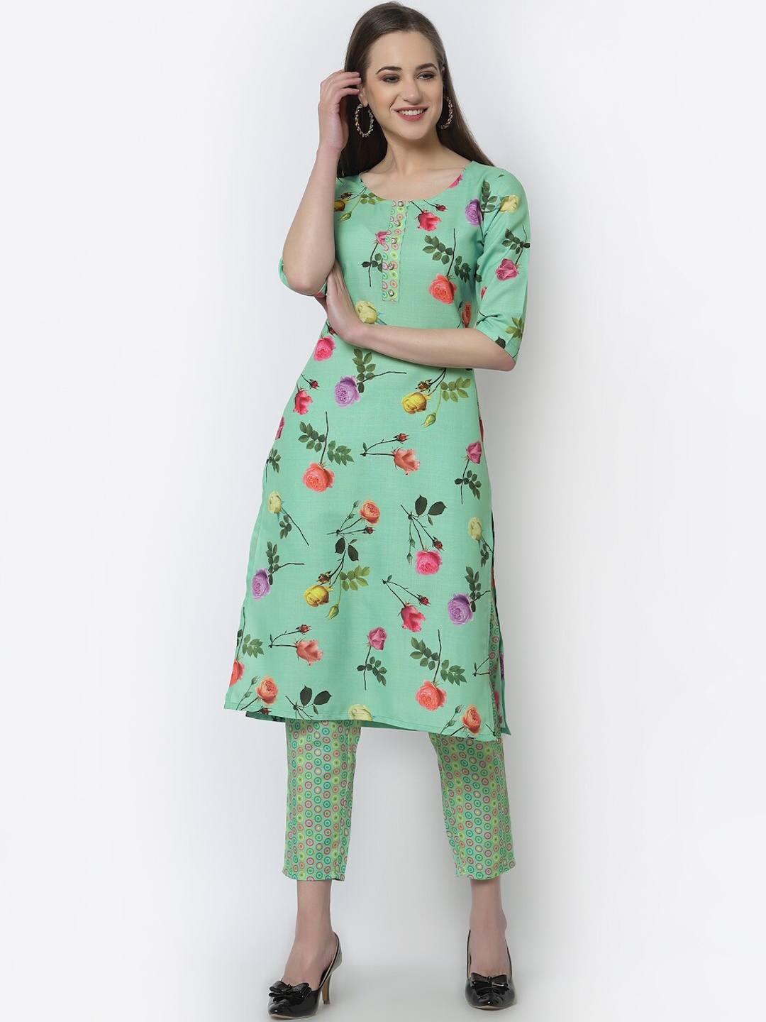 

Altiven Women Sea Green Floral Printed Pure Cotton Kurti with Trousers