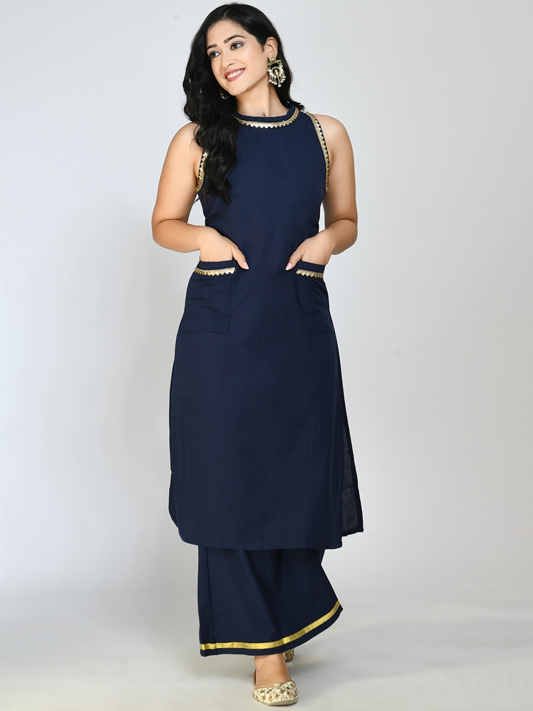 

Altiven Women Navy Blue Gotta Patti Pure Cotton Kurta with Palazzos