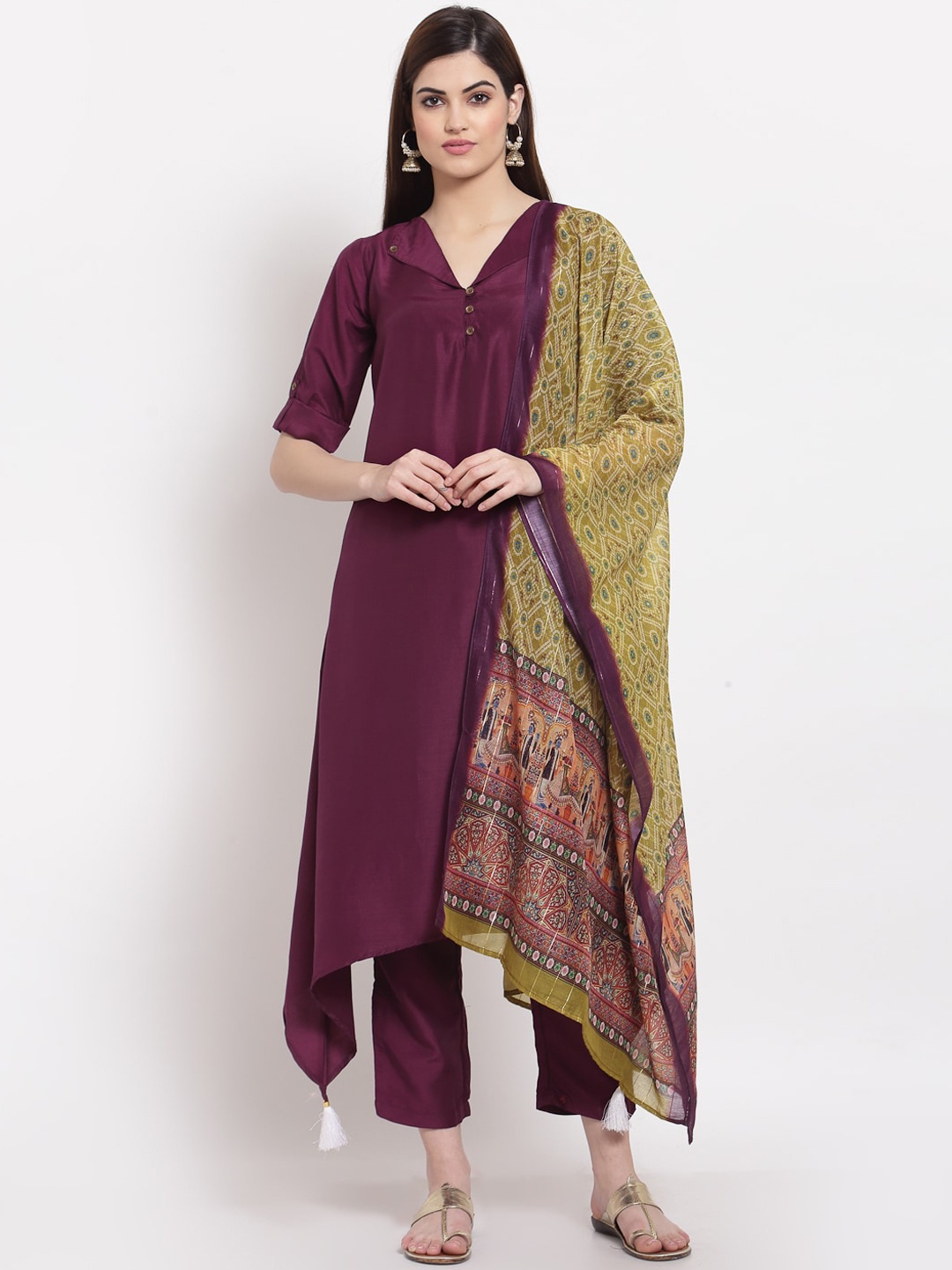 

Altiven Women Burgundy Pure Cotton Kurti with Trousers & With Dupatta