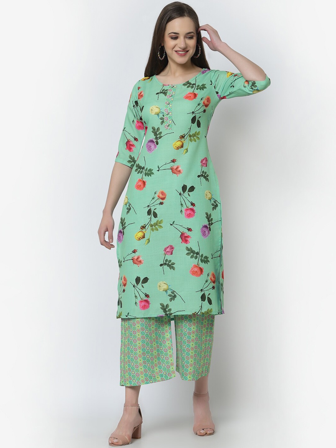 

Altiven Women Green Floral Printed Pure Cotton Kurta with Trousers