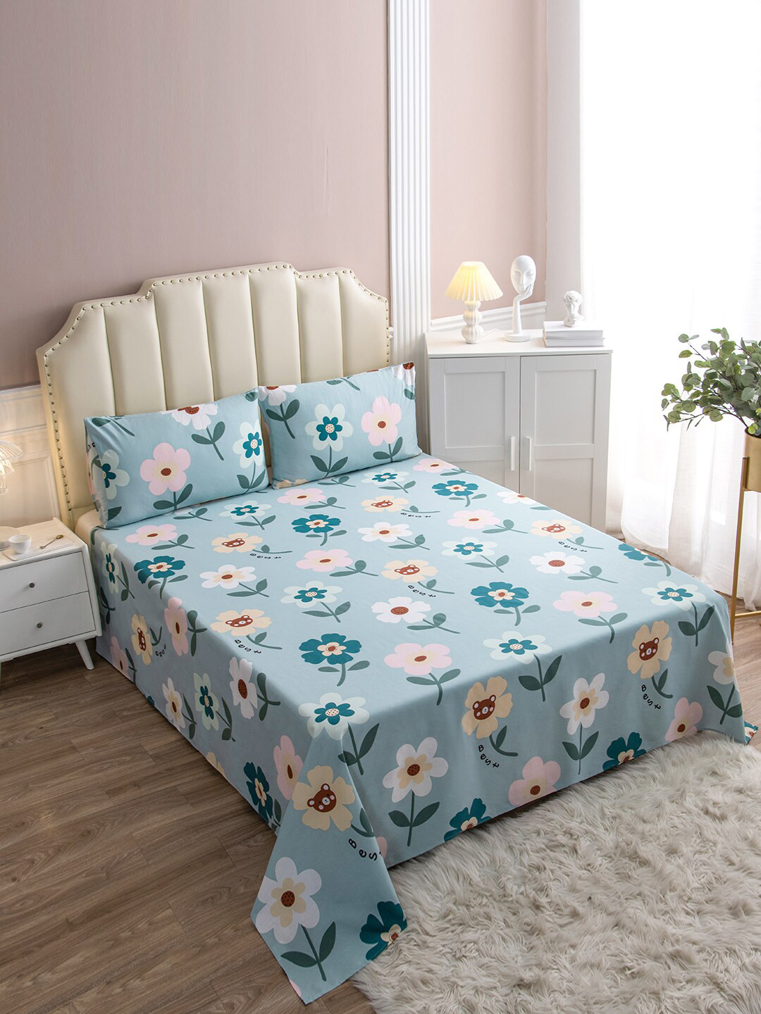 

JC Collection Turquoise Blue & White Floral 200 TC Single Bedsheet with Pillow Covers