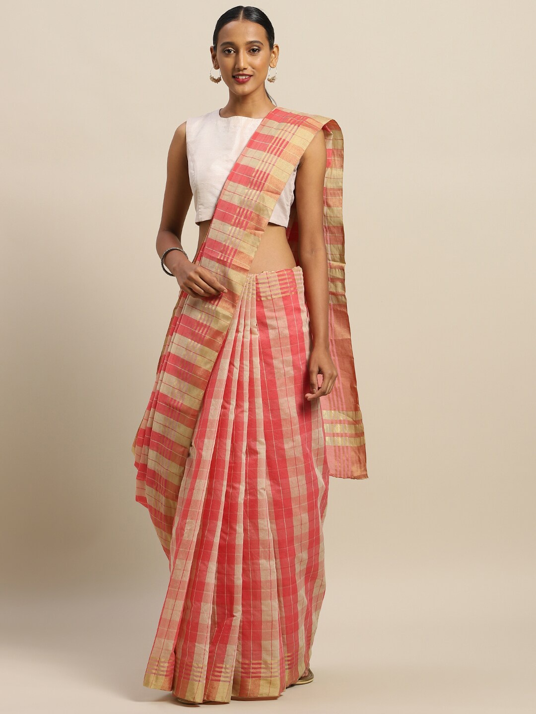 

SAADHVI Pink & Beige Checked Art Silk Saree