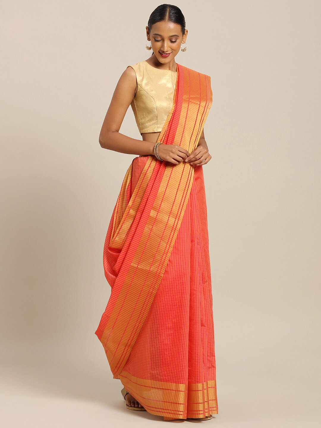 

SAADHVI Orange & Gold-Toned Checked Zari Art Silk Saree