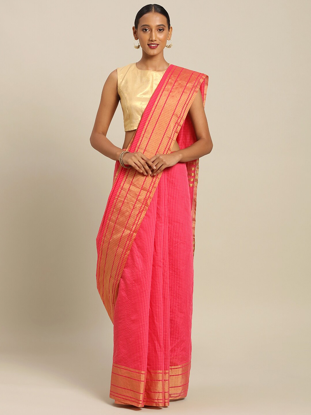 

SAADHVI Pink & Gold-Toned Checked Art Silk Saree