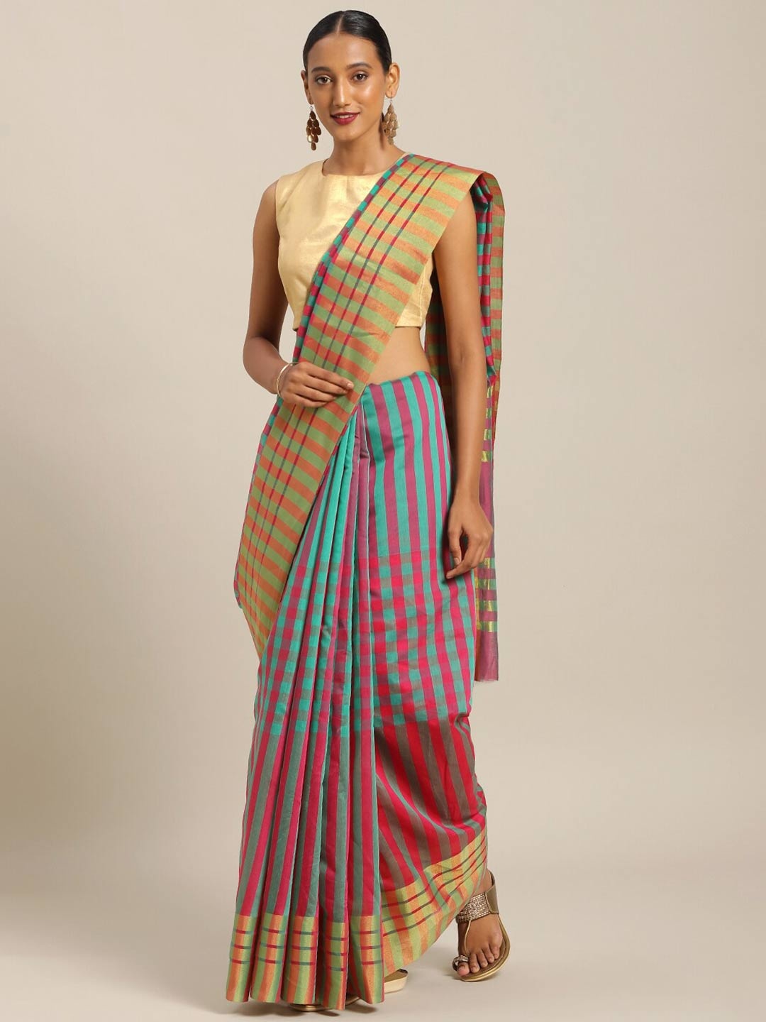 

SAADHVI Sea Green & Pink Striped Art Silk Saree
