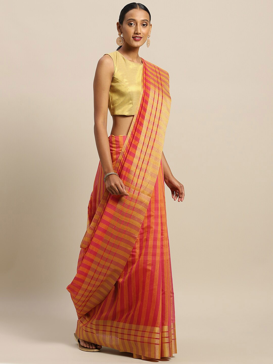 

SAADHVI Orange & Gold-Toned Checked Art Silk Saree