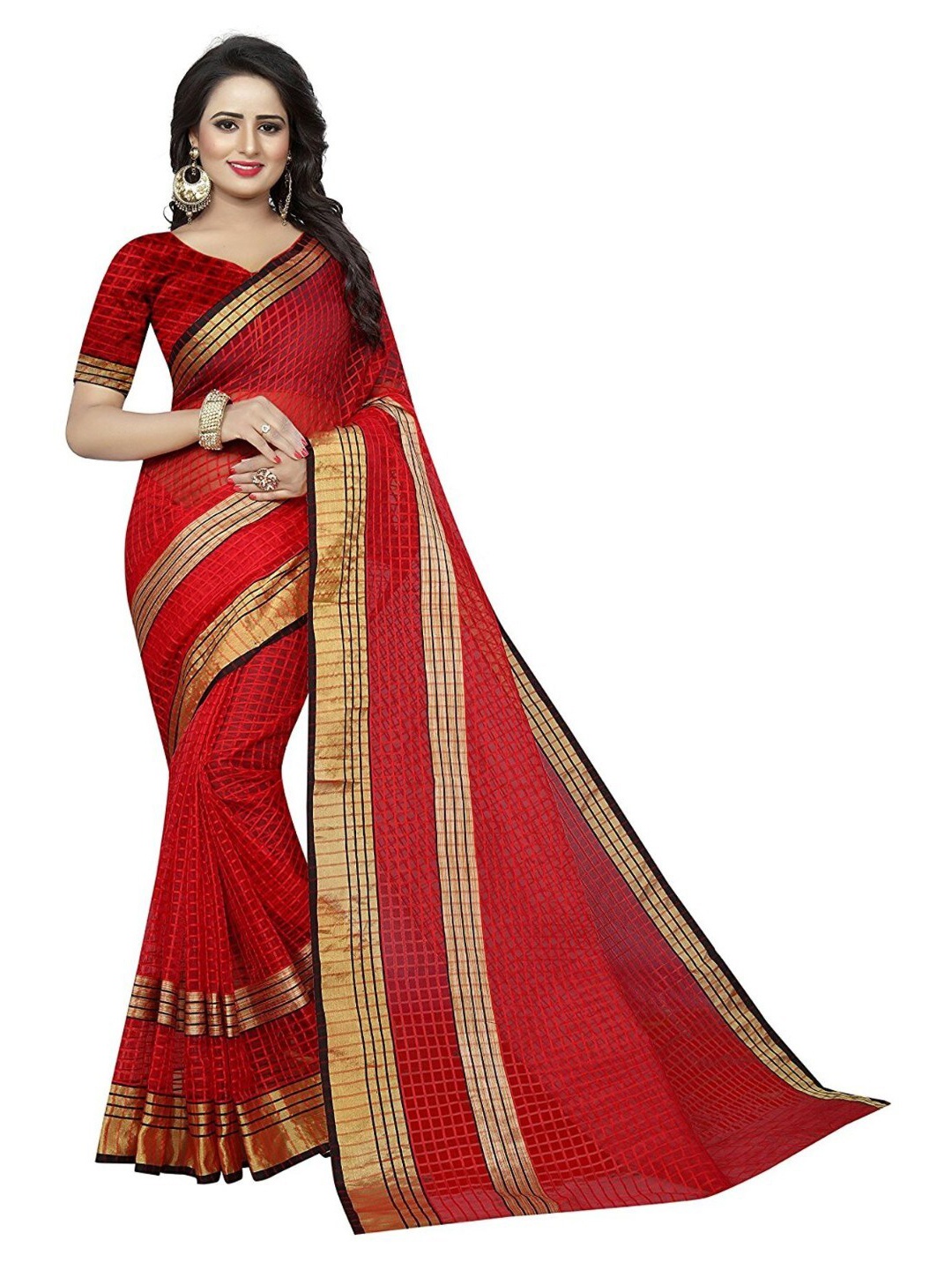 

SAADHVI Red & Gold-Toned Checked Zari Silk Cotton Saree