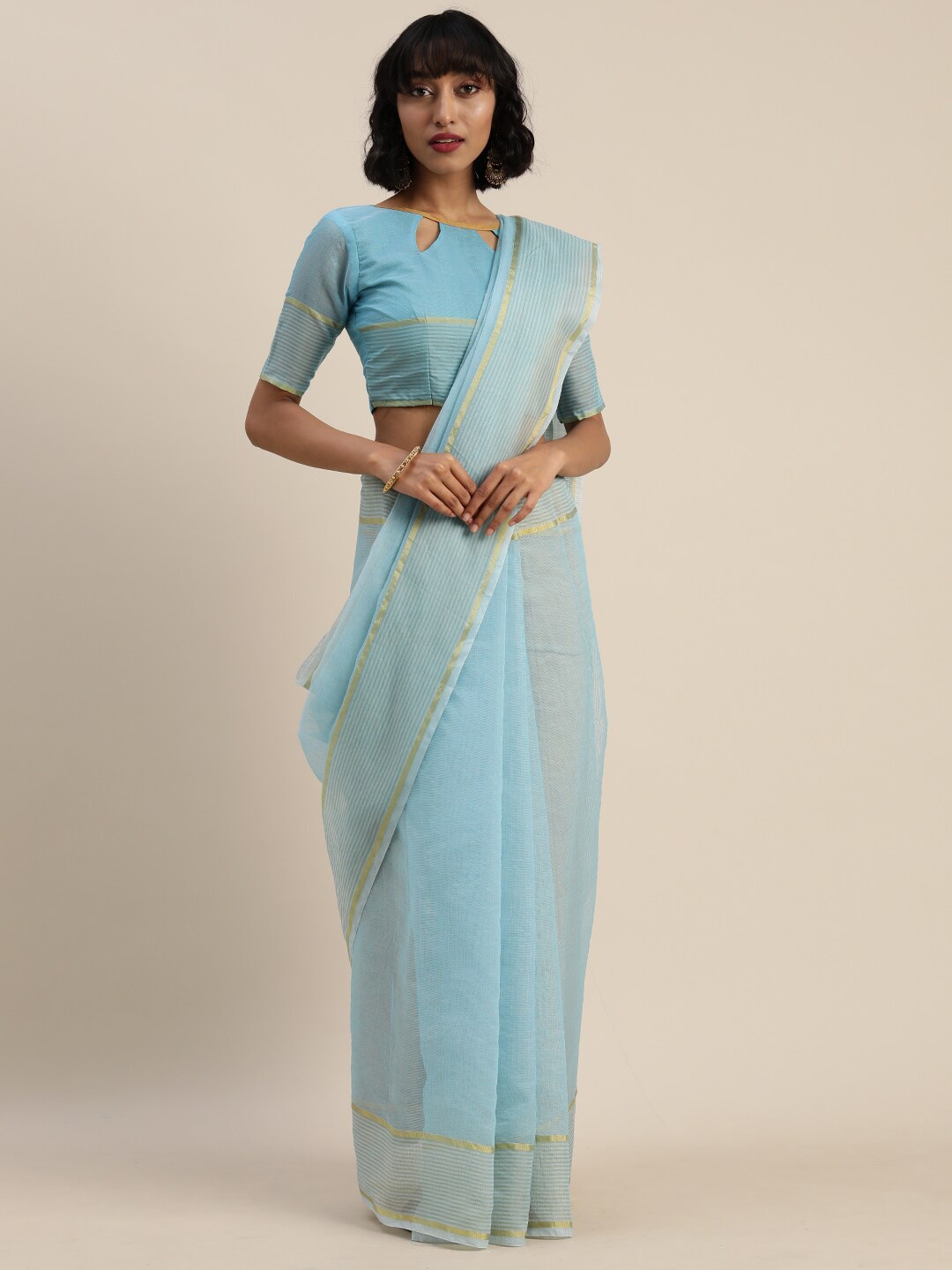 

SAADHVI Turquoise Blue & Gold-Toned Zari Pure Cotton Saree