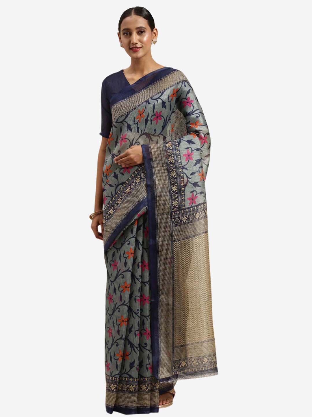 

SAADHVI Grey & Navy Blue Floral Printed Art Silk Saree