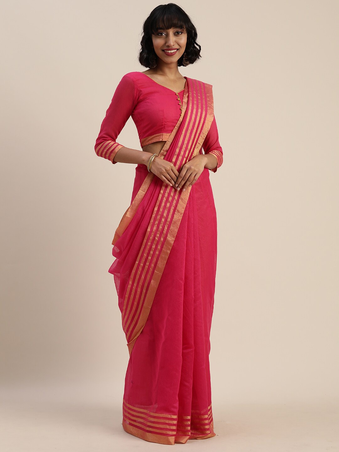 

SAADHVI Pink & Gold-Toned Zari Pure Cotton Saree