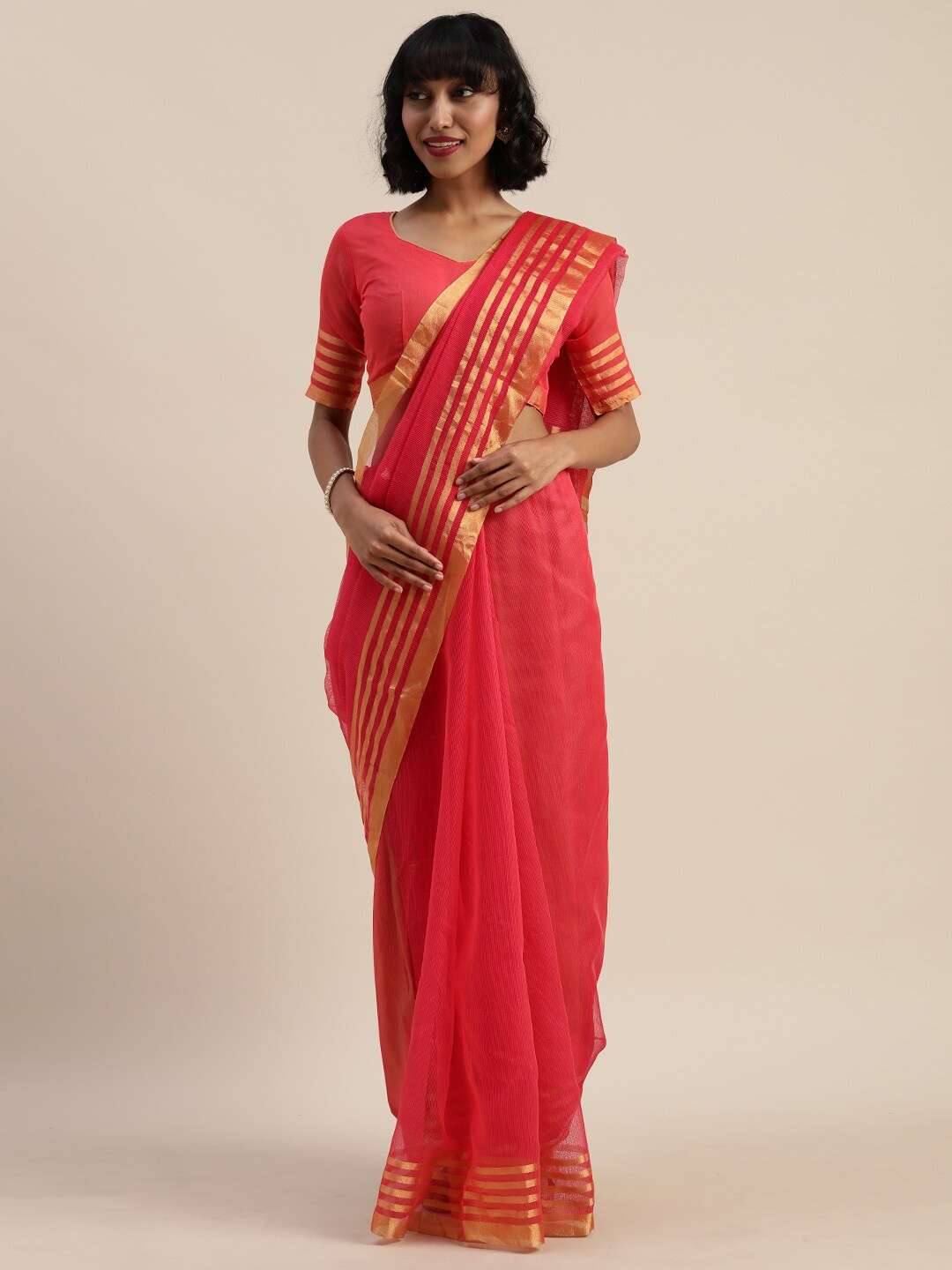 

SAADHVI Pink & Gold-Toned Zari Pure Cotton Saree